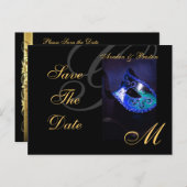 Blaue Masquerade Save the Date Postkarte (Vorne/Hinten)