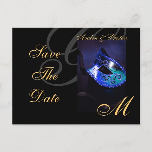 Blaue Masquerade Save the Date Postkarte (Vorderseite)