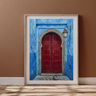 Blaue Mauer von Chefchaouen und karmesinrote marok Poster