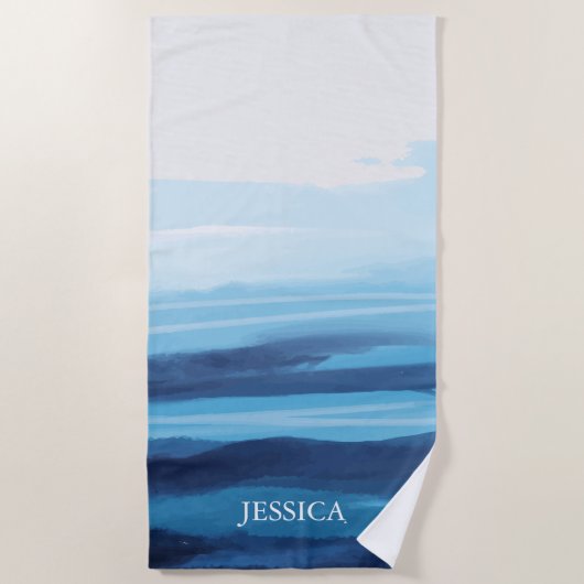 Blaue Meeresfarbe Abstraktes Meer Monogramm Strandtuch (Vorderseite)