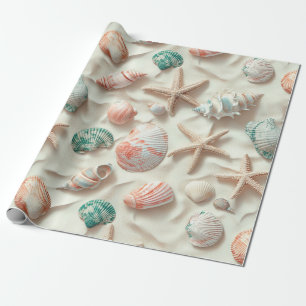 Blaue Meeresmuschel-Pfirsich-Korallen-Strandhaus Geschenkpapier
