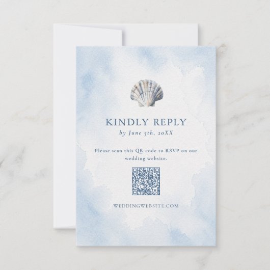 Blaue Meeresmuschel-Strand-QR-Code RSVP Karte (Vorderseite)