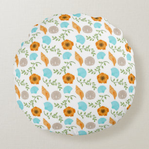 Blaue Meeresmuscheln Meereschnecke Orange Blume Rundes Kissen
