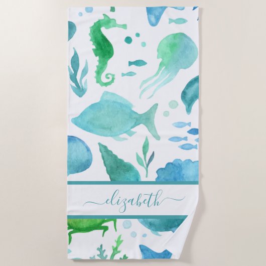 Blaue Meeressäugedelfine Weißes Monogramm Strandtuch (Vorderseite)