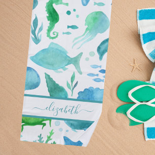 Blaue Meeressäugedelfine Weißes Monogramm Strandtuch