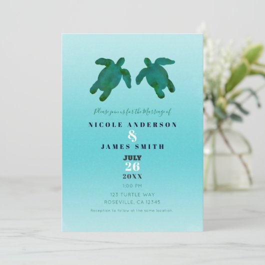 Blaue Meeresschildkröten Hochzeit Einladung (Stehend Vorderseite)