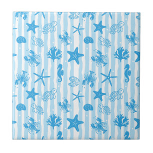 Blaue Meerestiere Nautische Doodle-Muster Fliese
