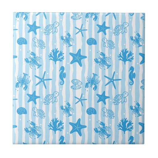 Blaue Meerestiere Nautische Doodle-Muster Fliese (Vorderseite)
