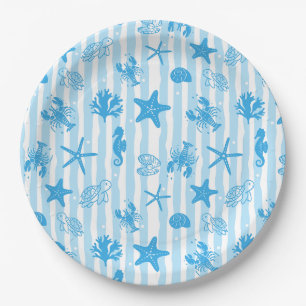 Blaue Meerestiere Nautische Doodle-Muster Pappteller