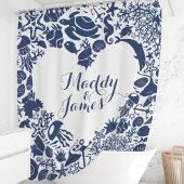 Blaue Meerestiere Paare Herz-Monogramm Duschvorhang