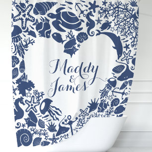 Blaue Meerestiere Paare Herz-Monogramm Duschvorhang