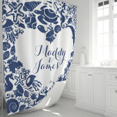 Blaue Meerestiere Paare Herz-Monogramm Duschvorhang