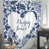 Blaue Meerestiere Paare Herz-Monogramm Duschvorhang