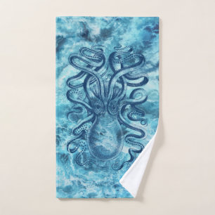 Blaue Meereswellen & Oktopus Grafik Vintag Zeichne Badhandtuch Set