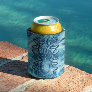 Blaue Meereswellen & Oktopus Grafik Vintag Zeichne Dosenkühler