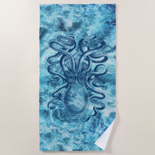 Blaue Meereswellen & Oktopus Grafik Vintag Zeichne Strandtuch (Vorderseite)