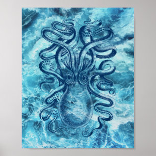 Blaue Meereswellen und Oktopus Grafik Vintage-Zeic Poster