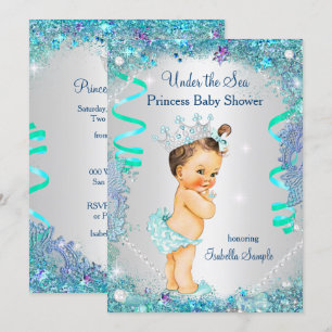Blaue Meerjungfrau Prinzessin Baby Shower Brünette Einladung