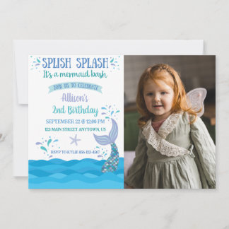 Blaue Meerjungfrau Splash Bash Geburtstagsfoto Einladung