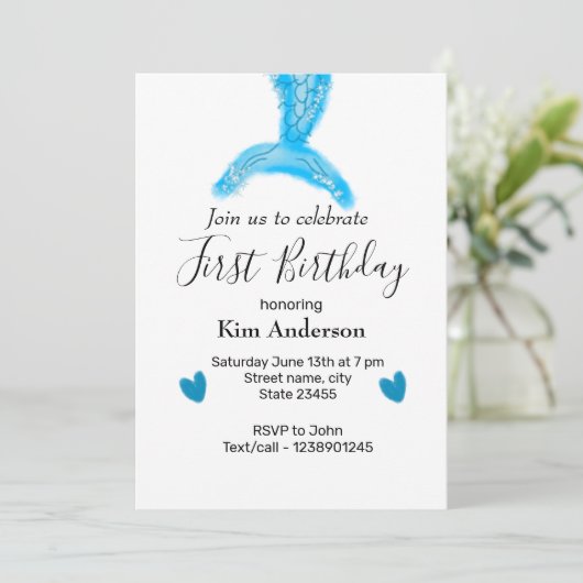 Blaue Meerjungfrau Wasserfarbenherz geben Geburtst Einladung (Stehend Vorderseite)