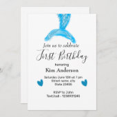 Blaue Meerjungfrau Wasserfarbenherz geben Geburtst Einladung (Vorne/Hinten)