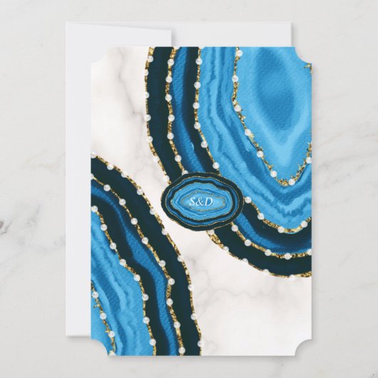 Blaue Meerwasserfarbe Perlen Hochzeit Einladung (Rückseite)