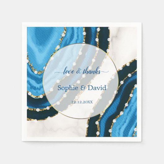 Blaue Meerwasserfarbe Perlen Hochzeit Serviette (Vorderseite)