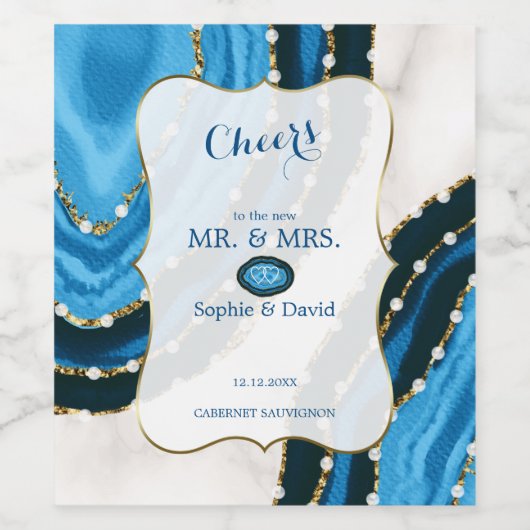 Blaue Meerwasserfarbe Perlen Hochzeit Weinetikett (Einzelnes Label)