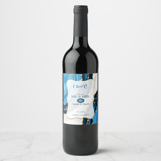 Blaue Meerwasserfarbe Perlen Hochzeit Weinetikett (Vorderseite)