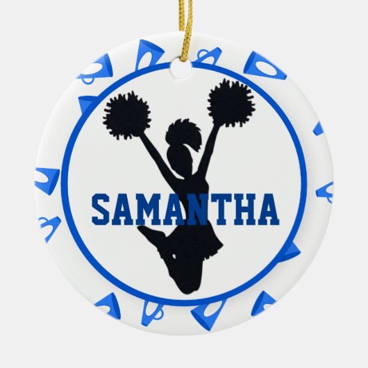 Blaue Megaphone und Cheerleader personalisiert Keramikornament (Vorne)