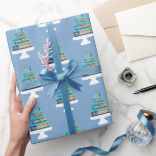 Blaue mehrschichtige Geburtstagstorte Geschenkpapier