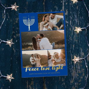 Blaue Menora Frieden Liebe Licht Fotocollage Gold Folien Feiertagskarte