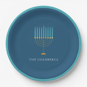 Blaue Menora-Hanukka-Feier Personalisiert  Pappteller
