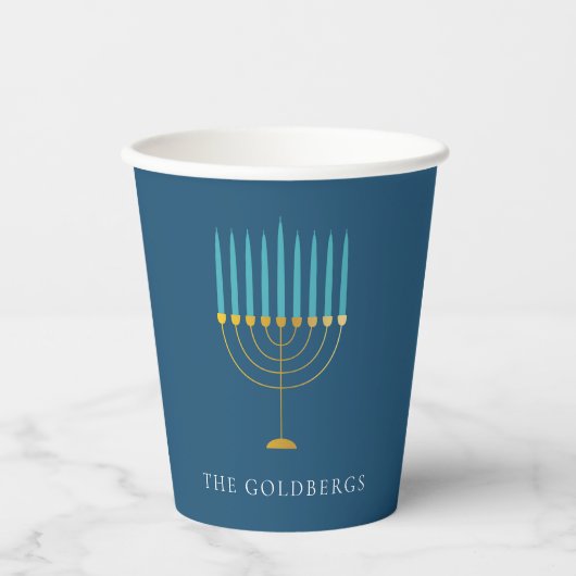 Blaue Menora-Hanukkah-Feier Personalisiert Pappbecher (Vorderseite)
