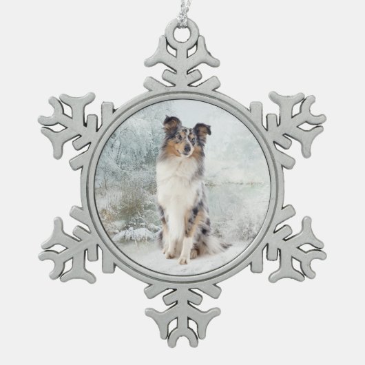 Blaue Merle Sheltie Weihnachtsverzierung Schneeflocken Zinn-Ornament (Vorderseite)