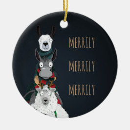 Blaue "Merrily Merrily Merrily" Wintertiere Keramik Ornament
