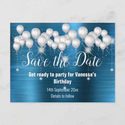 BLAUE METALLIC BALLOON SAVE THE DATE JEDEN ANLASS ANKÜNDIGUNGSPOSTKARTE (Vorderseite)