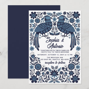 Blaue mexikanische Vögel Otomi Floral Fiesta Hochz Einladung