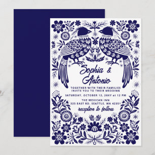 Blaue mexikanische Vögel Otomi Floral Fiesta Hochz Einladung