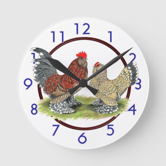 Blaue Mille Fleur Zwerghuhn-Uhr Runde Wanduhr (Vorderseite)
