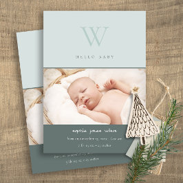 Blaue Minimal-Monogram-Foto-Geburtsankündigung Dankeskarte