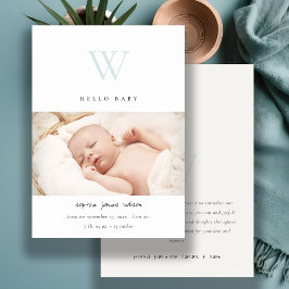 Blaue Minimal-Monogram-Foto-Geburtsankündigung Dankeskarte