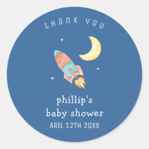 Blaue minimalistische Babyparty über dem Mond-Rake Runder Aufkleber