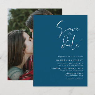Blaue minimalistische Hochzeitsankündigung mit Fot Einladungspostkarte