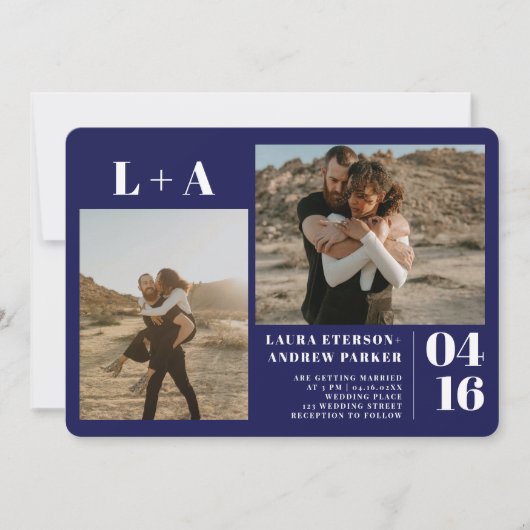 Blaue minimalistische Initialen 2 Fotos Hochzeit Einladung (Vorderseite)