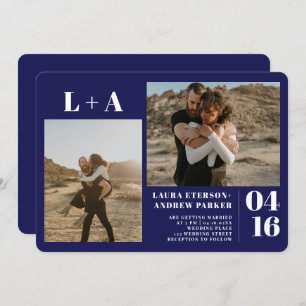 Blaue minimalistische Initialen 2 Fotos Hochzeit Einladung