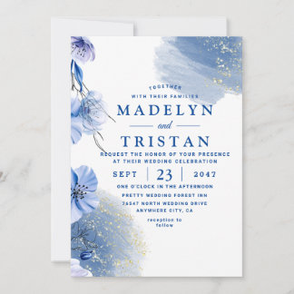 Blaue Minimalistische Rustikale Hochzeit mit blühe Einladung