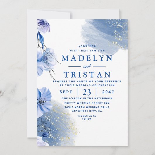 Blaue Minimalistische Rustikale Hochzeit mit blühe Einladung (Vorderseite)