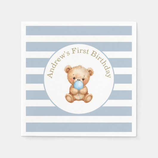 Blaue Minimalstreifen Teddy Bear Geburtstag Serviette (Vorderseite)