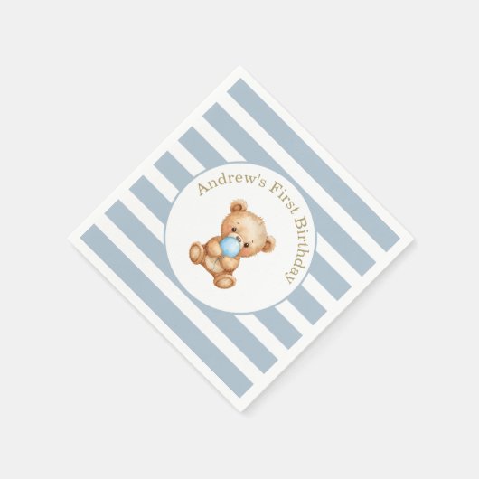 Blaue Minimalstreifen Teddy Bear Geburtstag Serviette (Ecke)